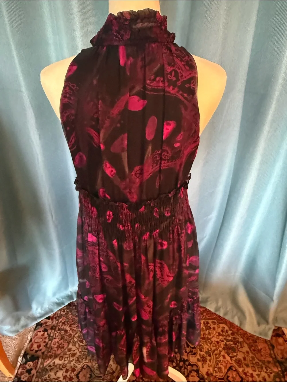 Diane von Furstenberg Silk Black and Magenta Midi Dress - Picture 5 of 6